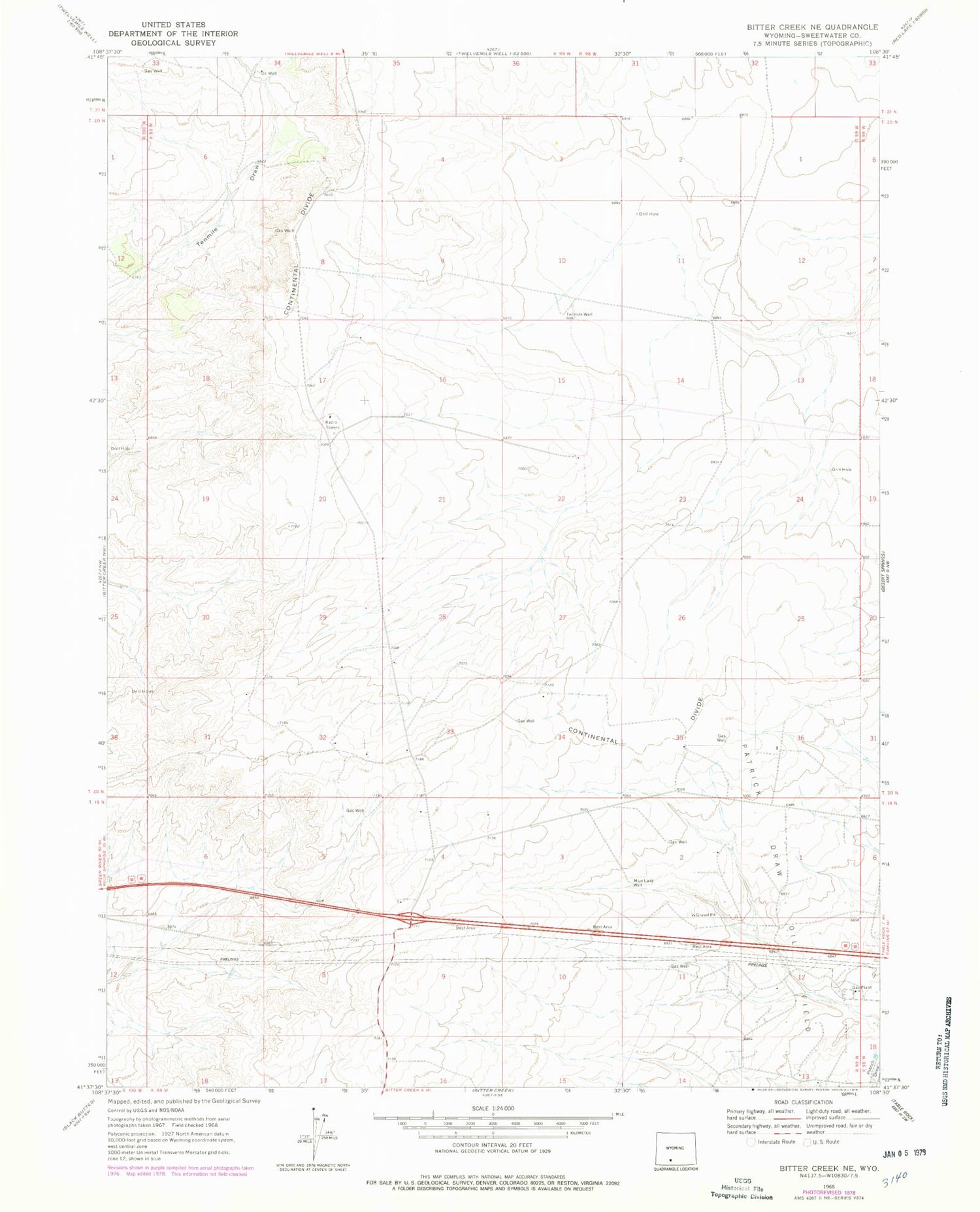 Classic USGS Bitter Creek NE Wyoming 7.5'x7.5' Topo Map Image