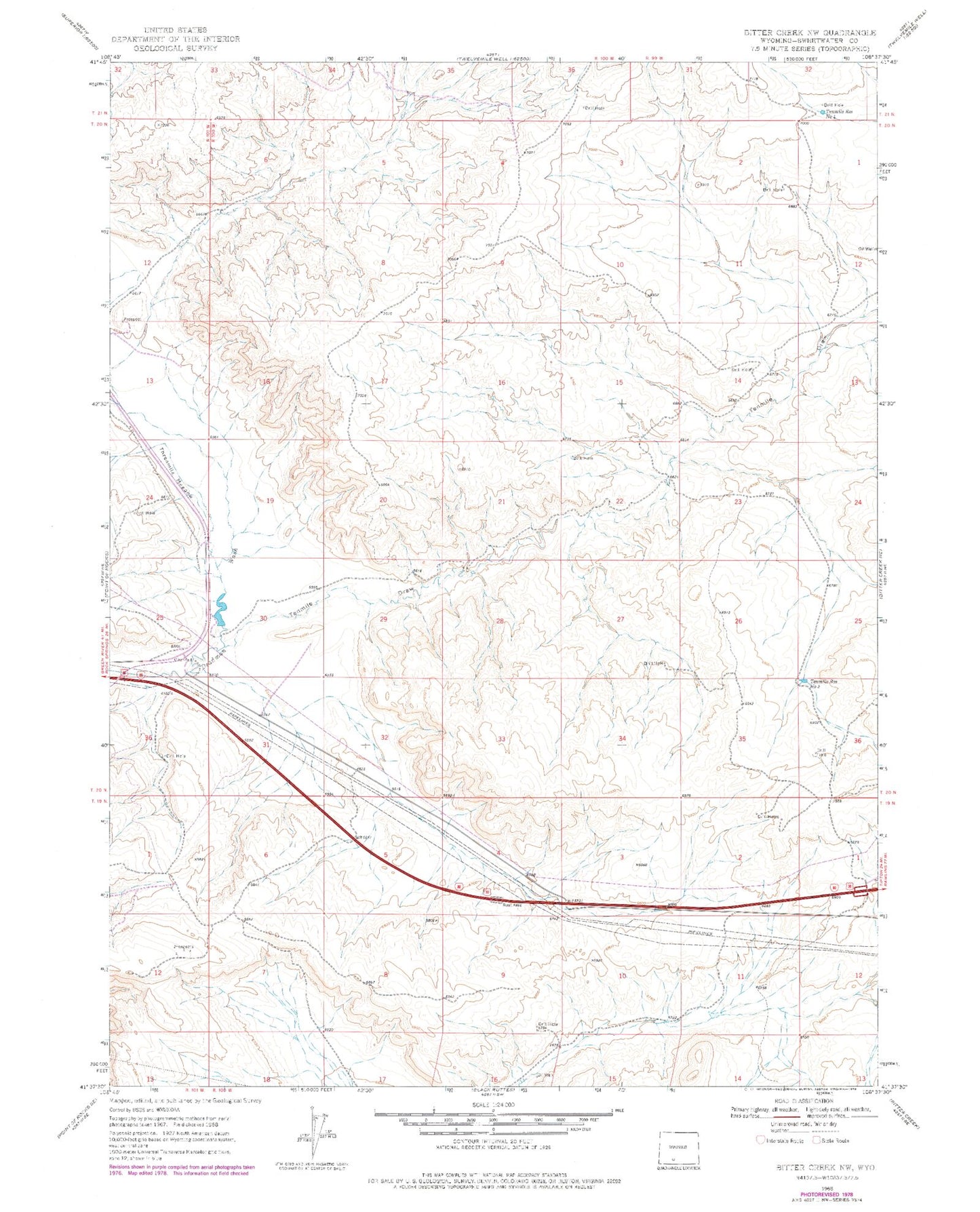 Classic USGS Bitter Creek NW Wyoming 7.5'x7.5' Topo Map Image