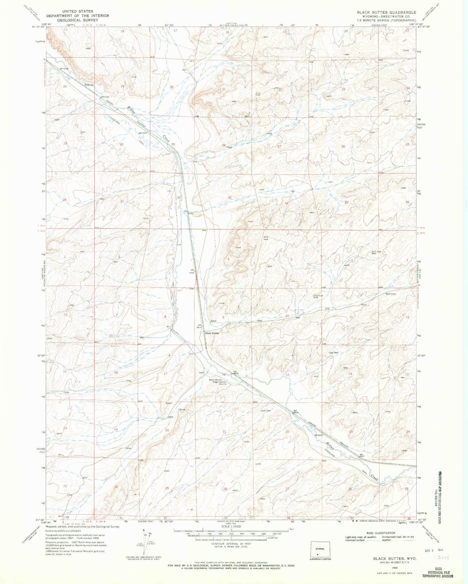 Classic USGS Black Buttes Wyoming 7.5'x7.5' Topo Map Image