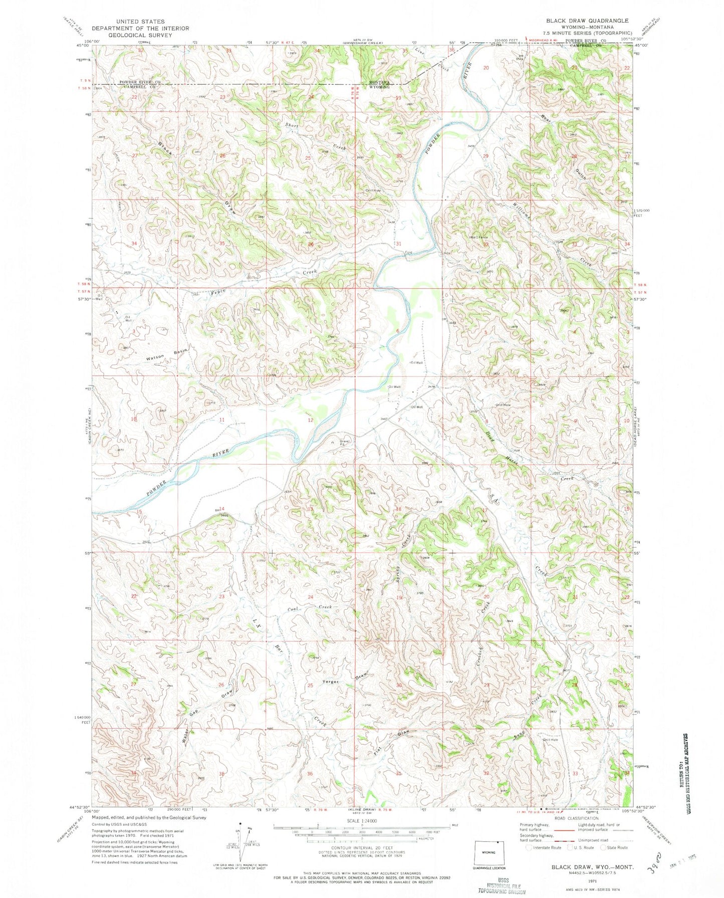Classic USGS Black Draw Wyoming 7.5'x7.5' Topo Map Image