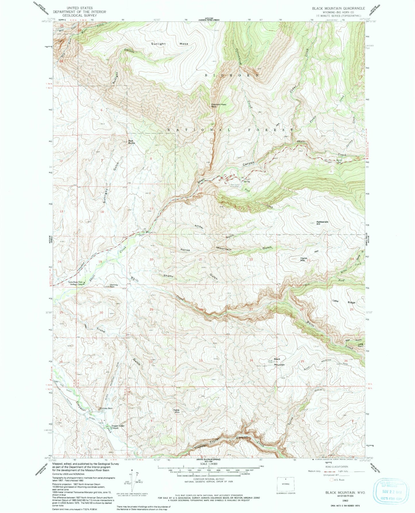 Classic USGS Black Mountain Wyoming 7.5'x7.5' Topo Map Image