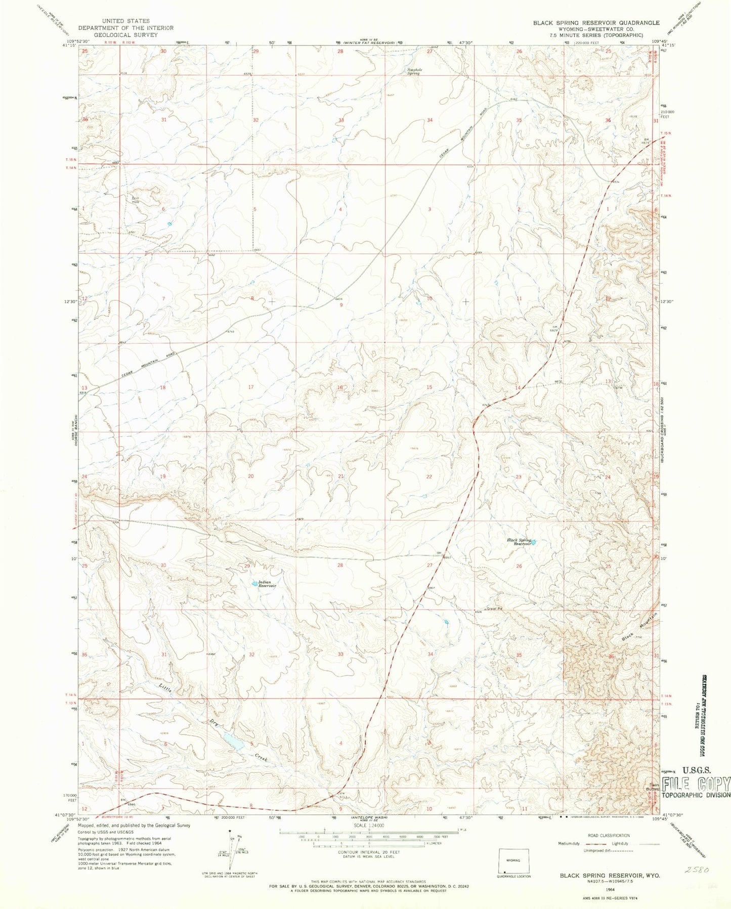 Classic USGS Black Spring Reservoir Wyoming 7.5'x7.5' Topo Map Image