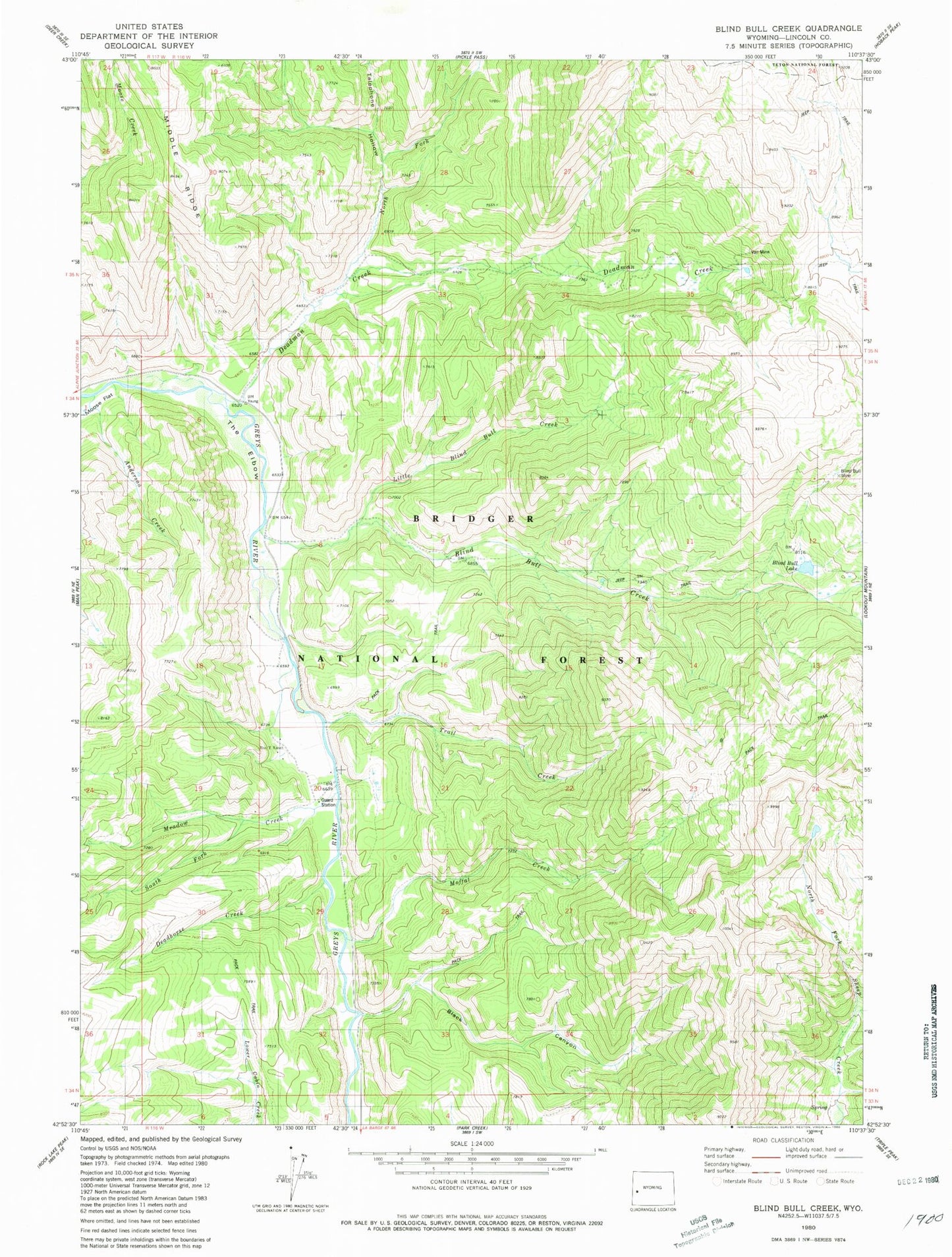 Classic USGS Blind Bull Creek Wyoming 7.5'x7.5' Topo Map Image