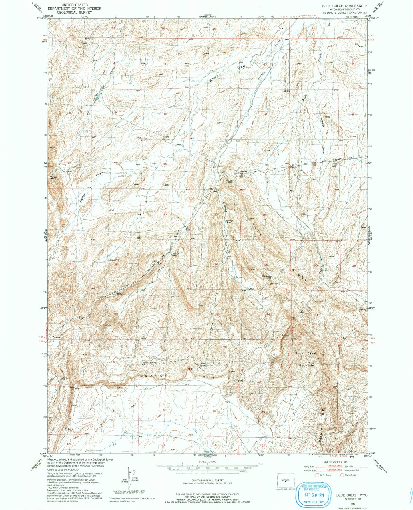 Classic USGS Blue Gulch Wyoming 7.5'x7.5' Topo Map Image