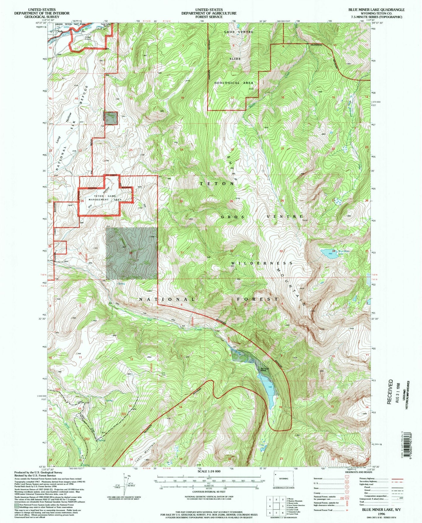 Classic USGS Blue Miner Lake Wyoming 7.5'x7.5' Topo Map Image