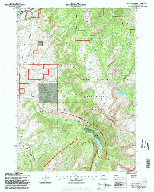 Classic USGS Blue Miner Lake Wyoming 7.5'x7.5' Topo Map Image