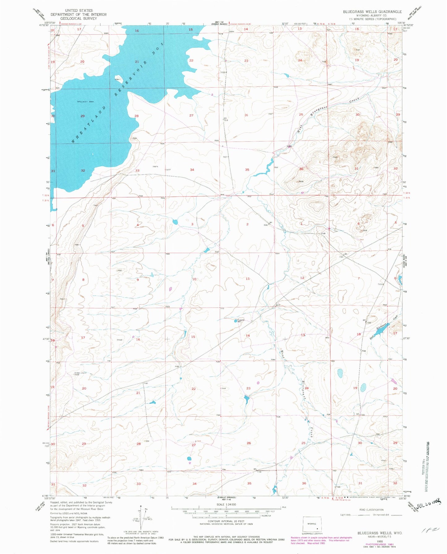 Classic USGS Bluegrass Wells Wyoming 7.5'x7.5' Topo Map Image