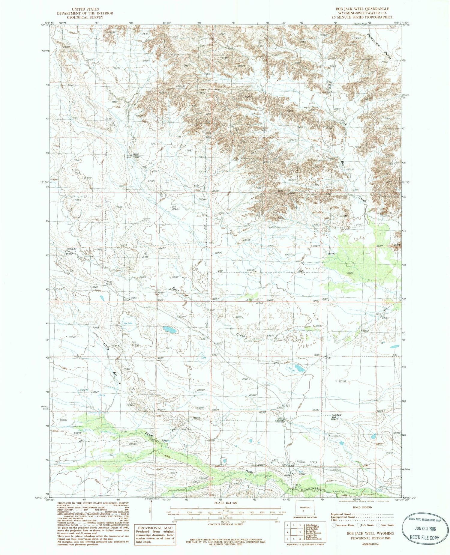 Classic USGS Bob Jack Well Wyoming 7.5'x7.5' Topo Map Image