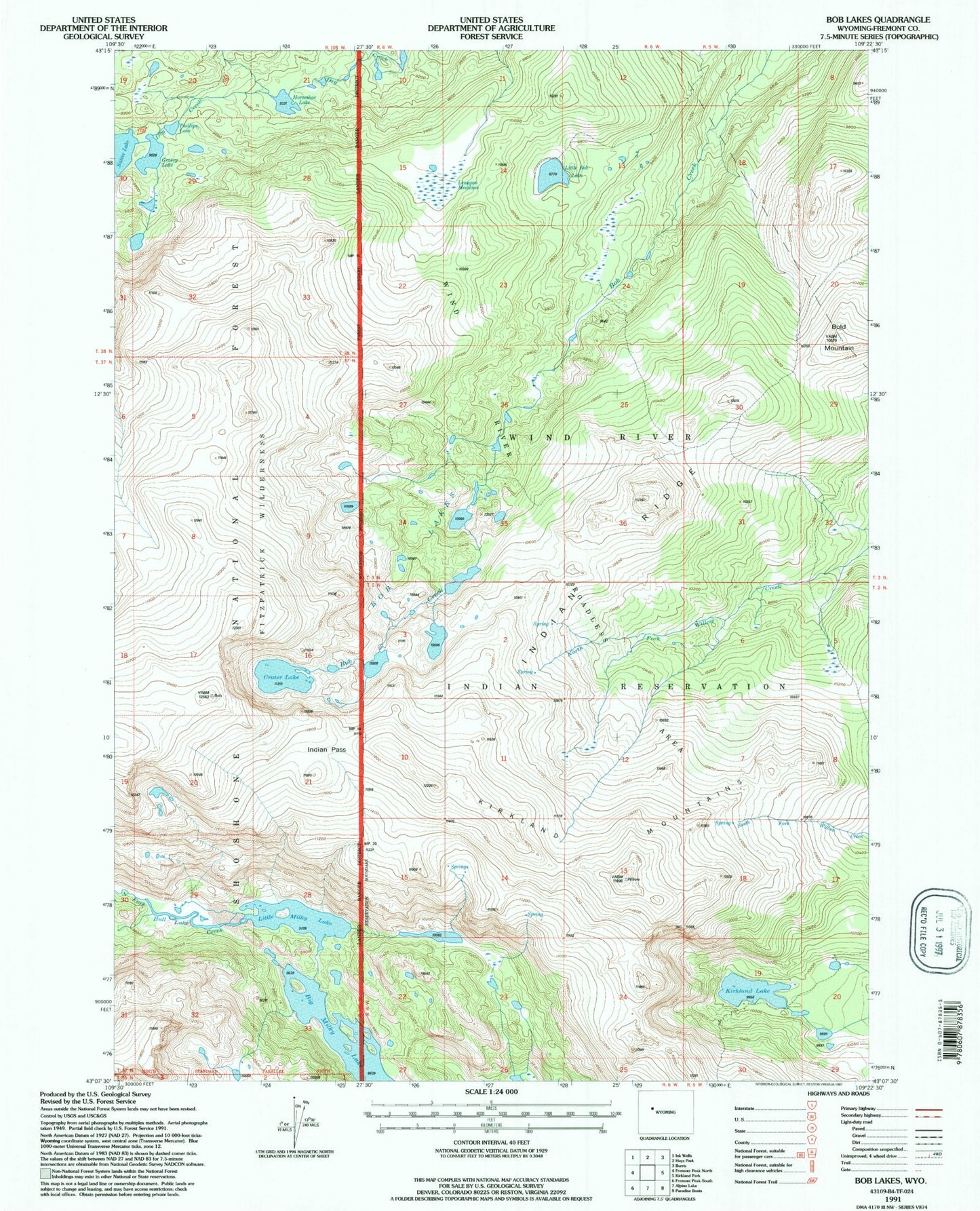Classic USGS Bob Lakes Wyoming 7.5'x7.5' Topo Map Image