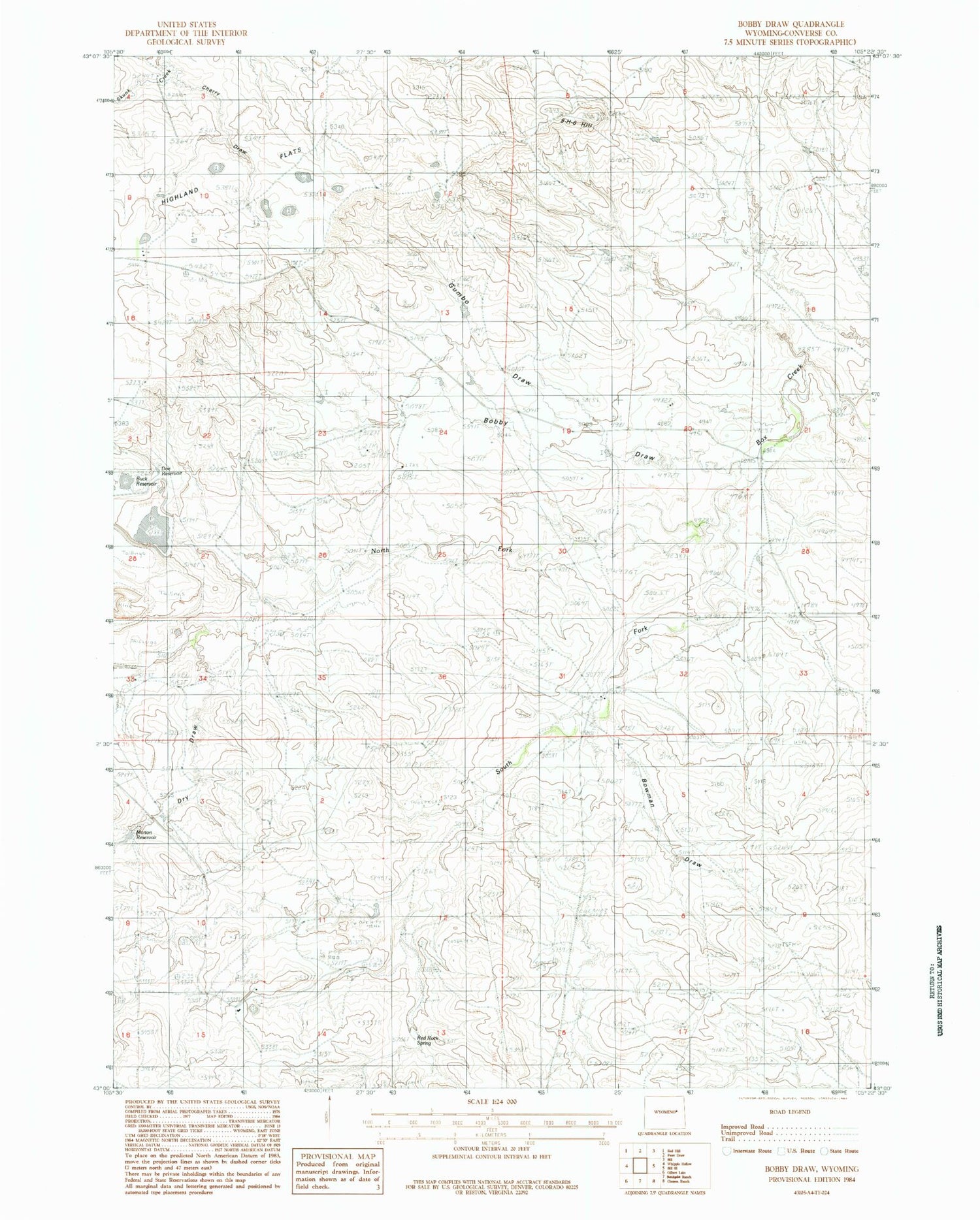 Classic USGS Bobby Draw Wyoming 7.5'x7.5' Topo Map Image