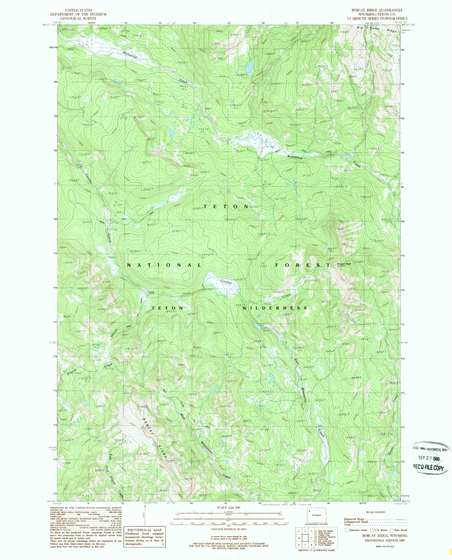 Classic USGS Bobcat Ridge Wyoming 7.5'x7.5' Topo Map Image