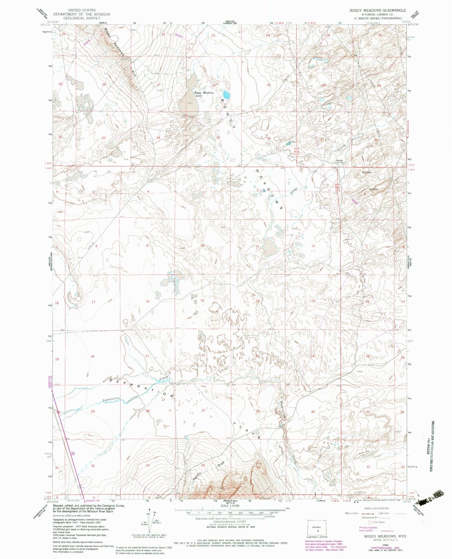 Classic USGS Boggy Meadows Wyoming 7.5'x7.5' Topo Map Image