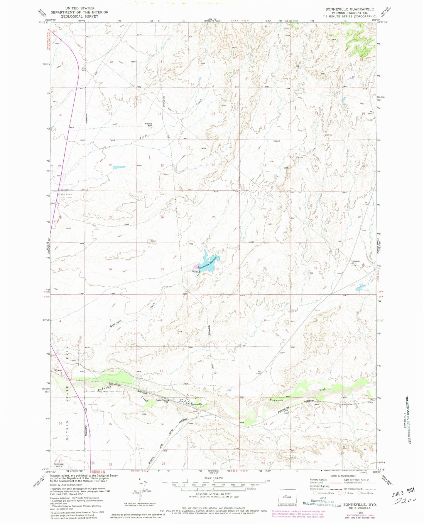 Classic USGS Bonneville Wyoming 7.5'x7.5' Topo Map Image