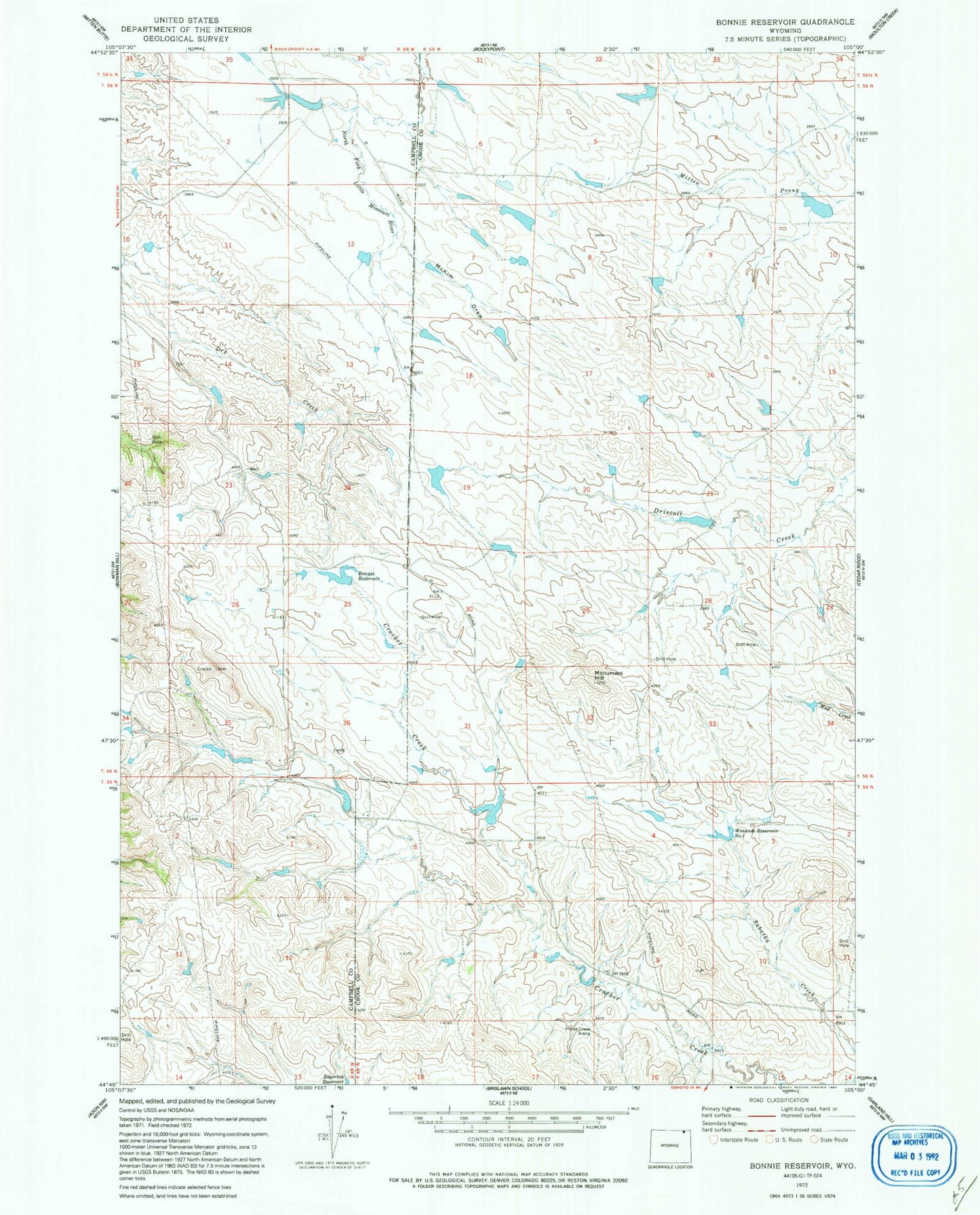 Classic USGS Bonnie Reservoir Wyoming 7.5'x7.5' Topo Map Image