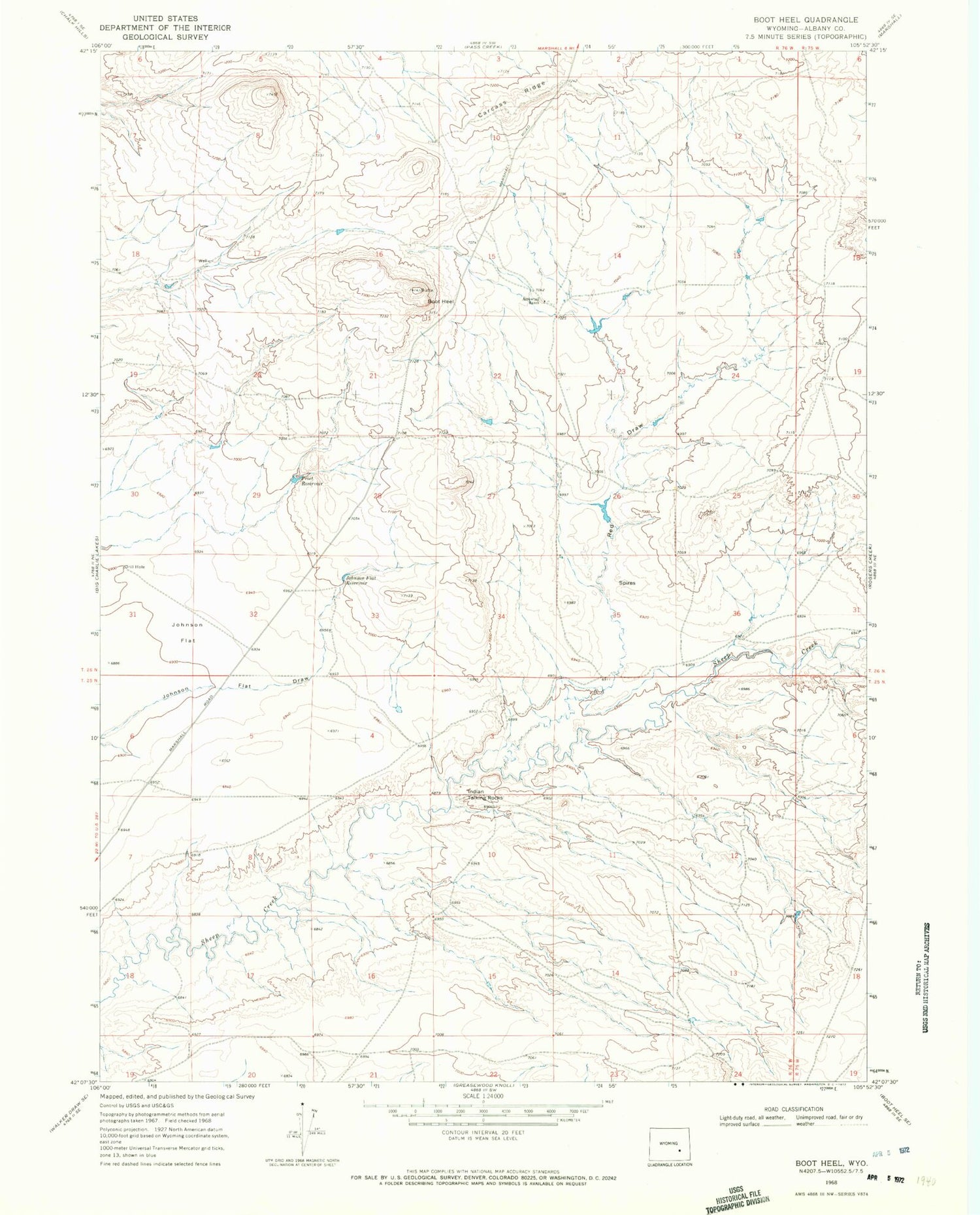 Classic USGS Boot Heel Wyoming 7.5'x7.5' Topo Map Image