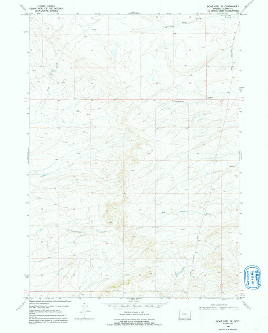 Classic USGS Boot Heel SE Wyoming 7.5'x7.5' Topo Map Image