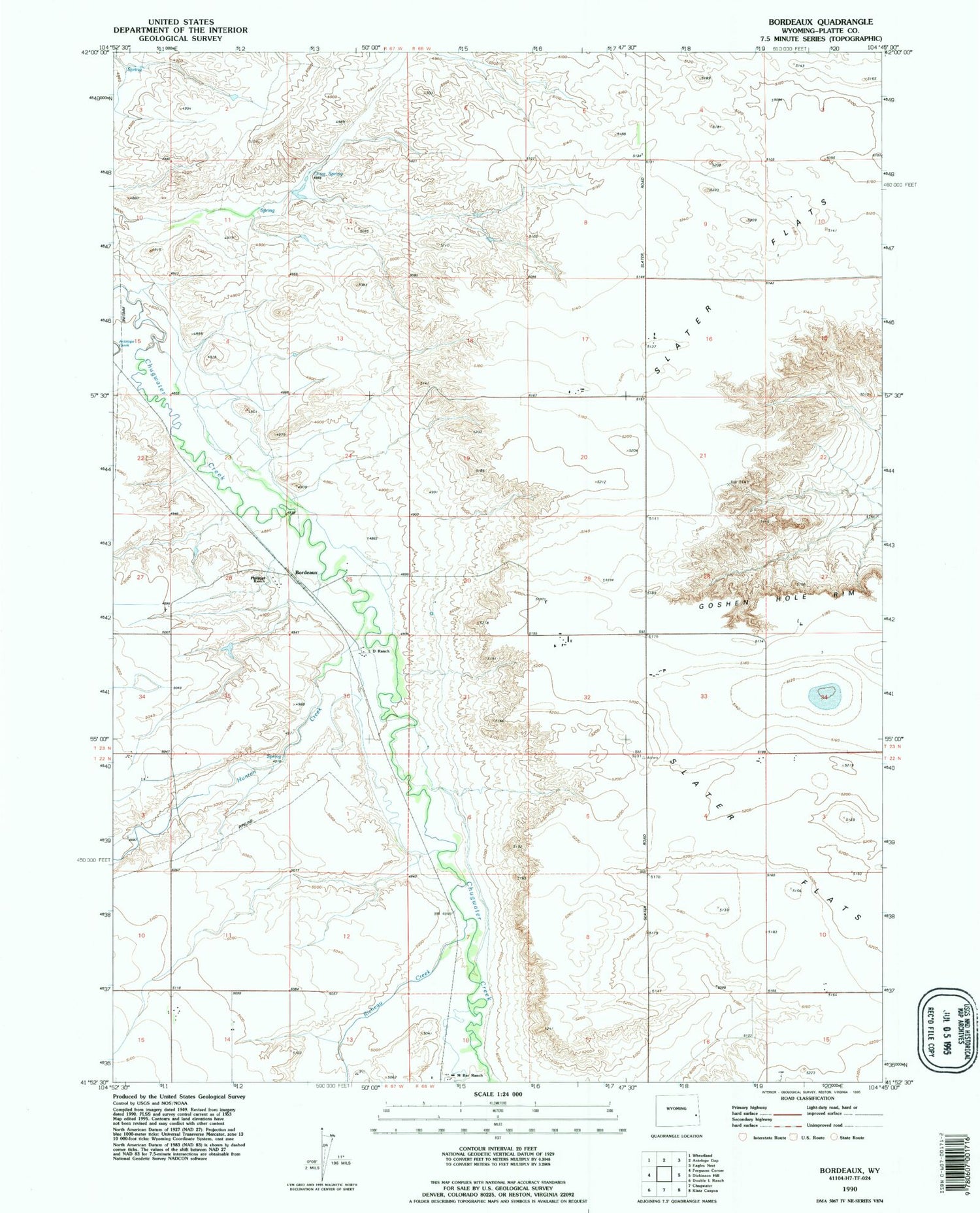 Classic USGS Bordeaux Wyoming 7.5'x7.5' Topo Map Image
