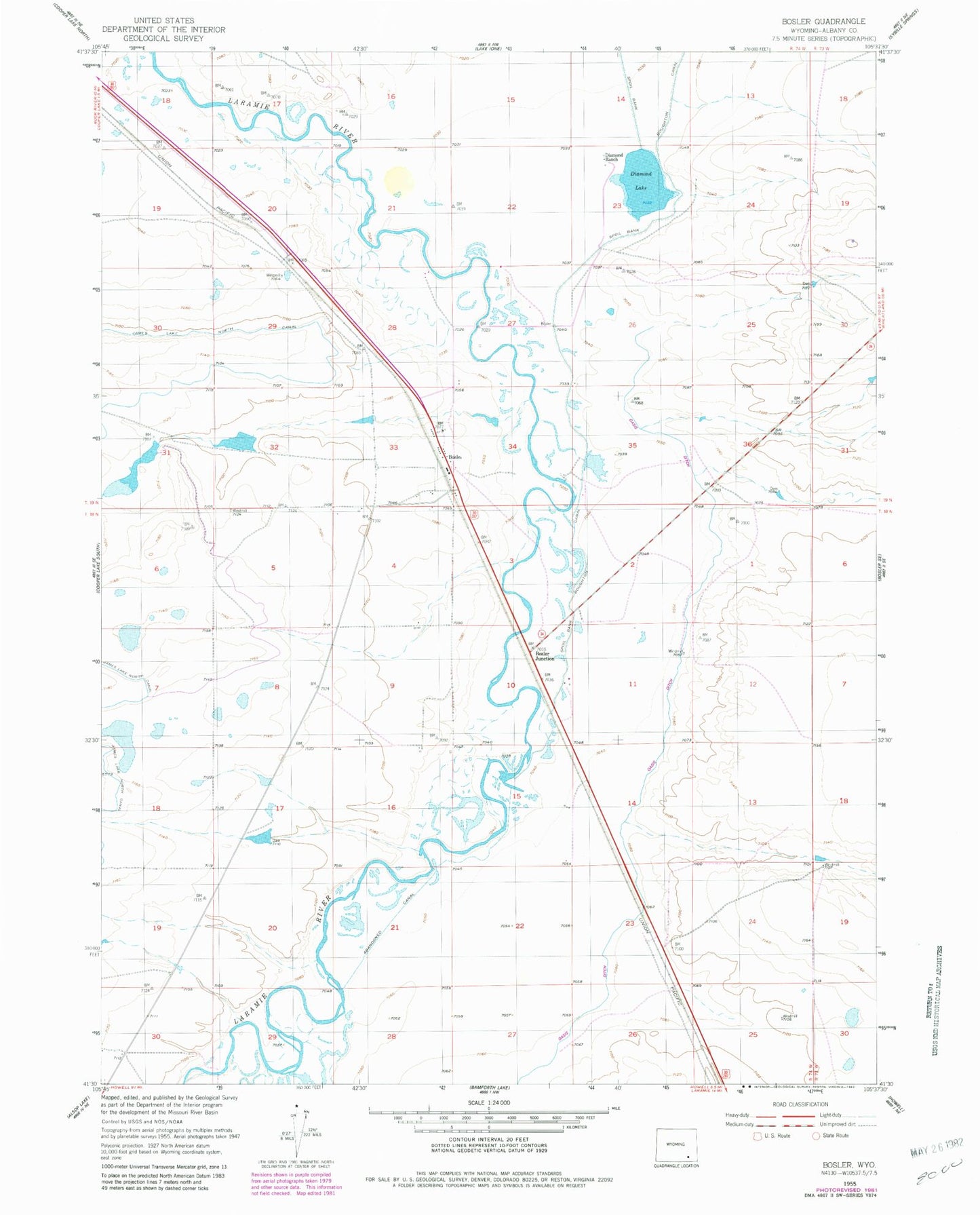 Classic USGS Bosler Wyoming 7.5'x7.5' Topo Map Image