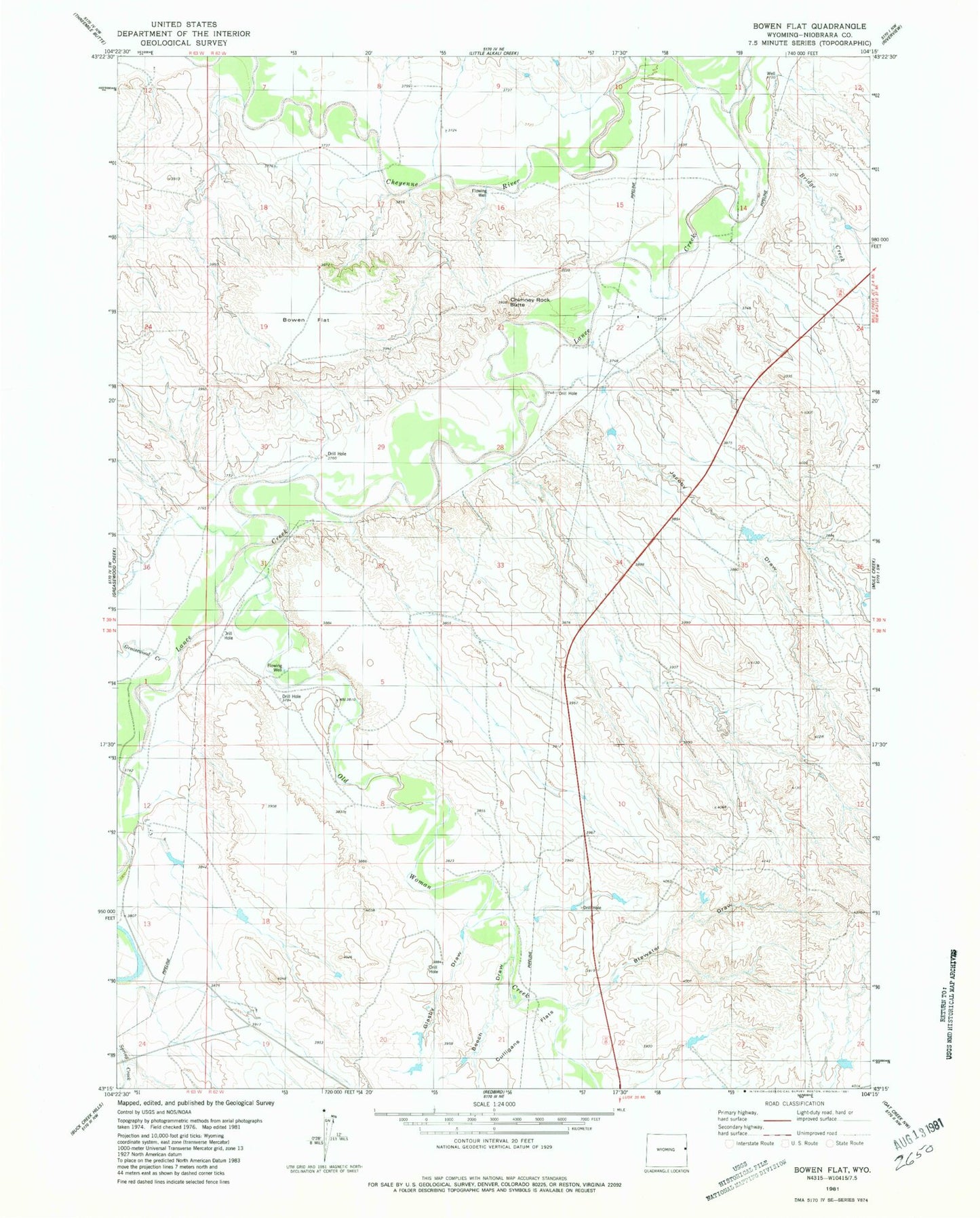 Classic USGS Bowen Flat Wyoming 7.5'x7.5' Topo Map Image