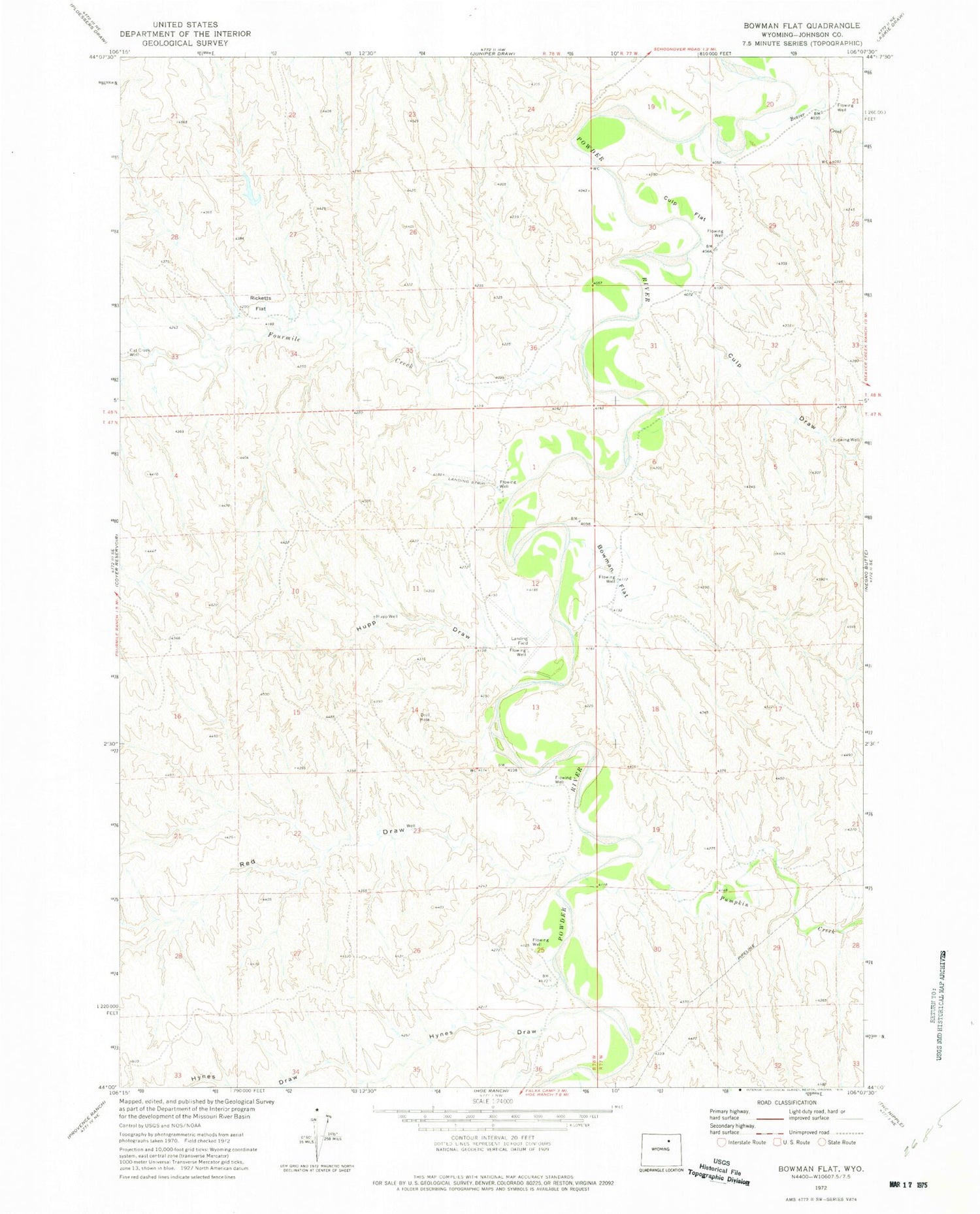 Classic USGS Bowman Flat Wyoming 7.5'x7.5' Topo Map Image