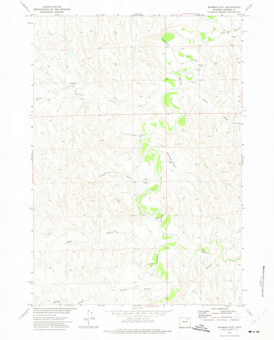 Classic USGS Bowman Flat Wyoming 7.5'x7.5' Topo Map Image