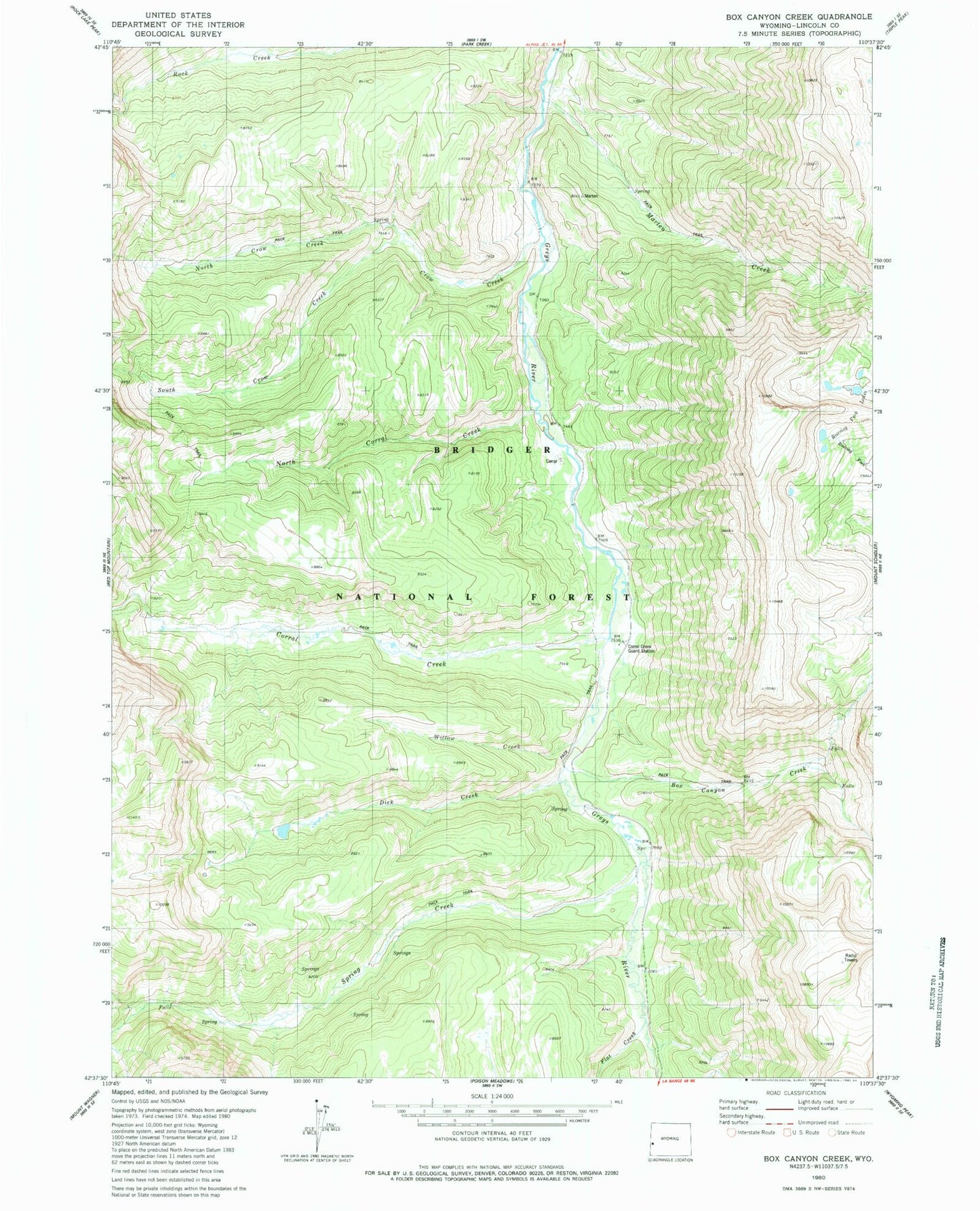 Classic USGS Box Canyon Creek Wyoming 7.5'x7.5' Topo Map Image