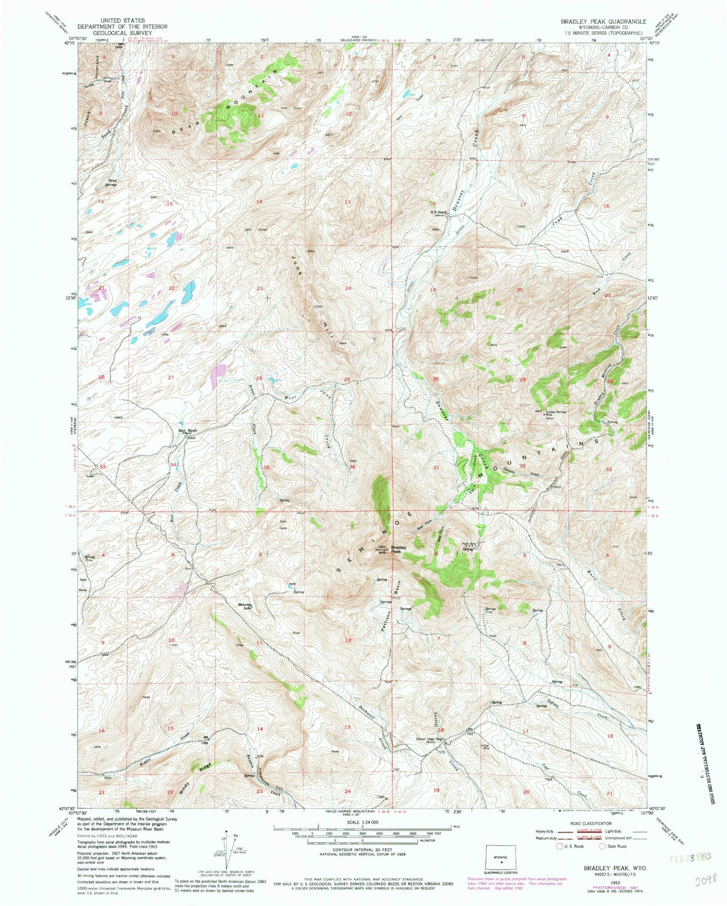 Classic USGS Bradley Peak Wyoming 7.5'x7.5' Topo Map Image