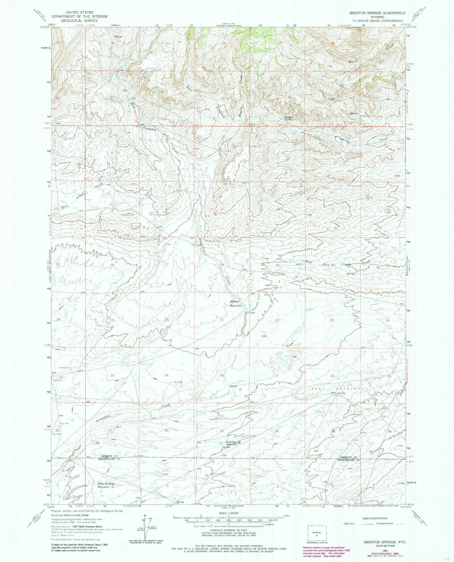Classic USGS Brenton Springs Wyoming 7.5'x7.5' Topo Map Image