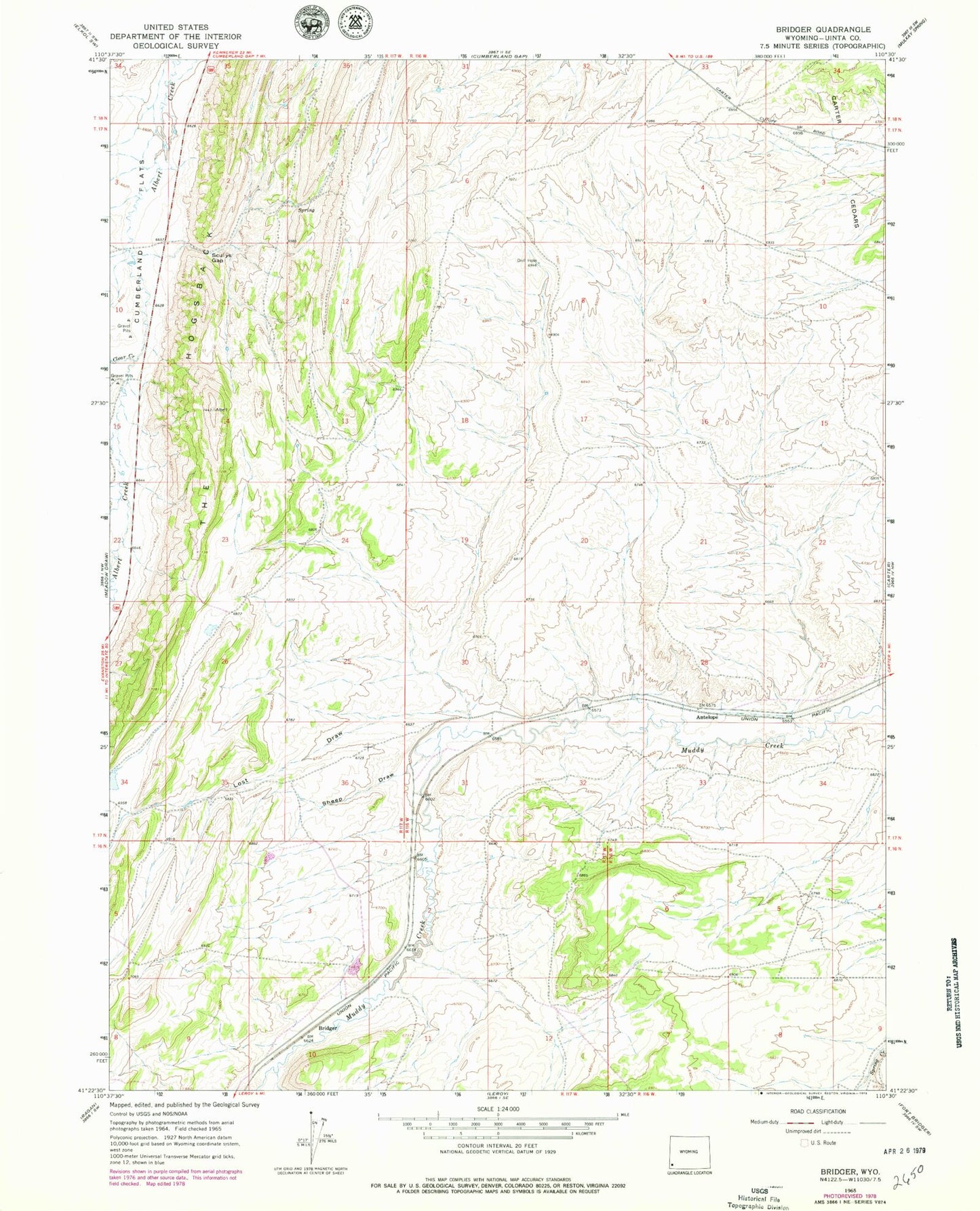 Classic USGS Bridger Wyoming 7.5'x7.5' Topo Map Image