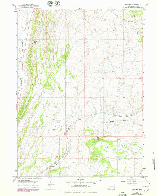 Classic USGS Bridger Wyoming 7.5'x7.5' Topo Map Image