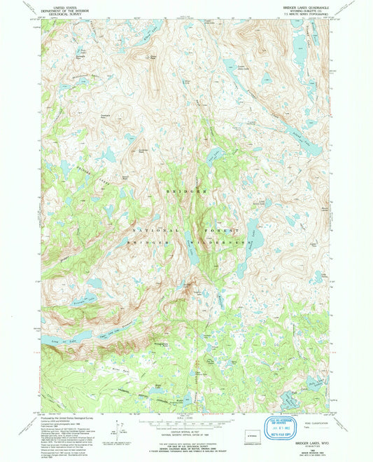 USGS Classic Bridger Lakes Wyoming 7.5'x7.5' Topo Map Image