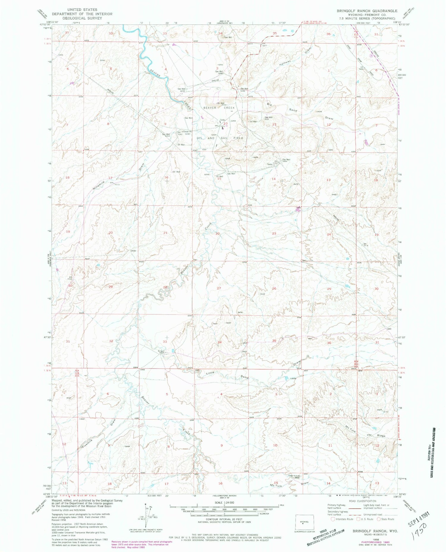 Classic USGS Bringolf Ranch Wyoming 7.5'x7.5' Topo Map Image