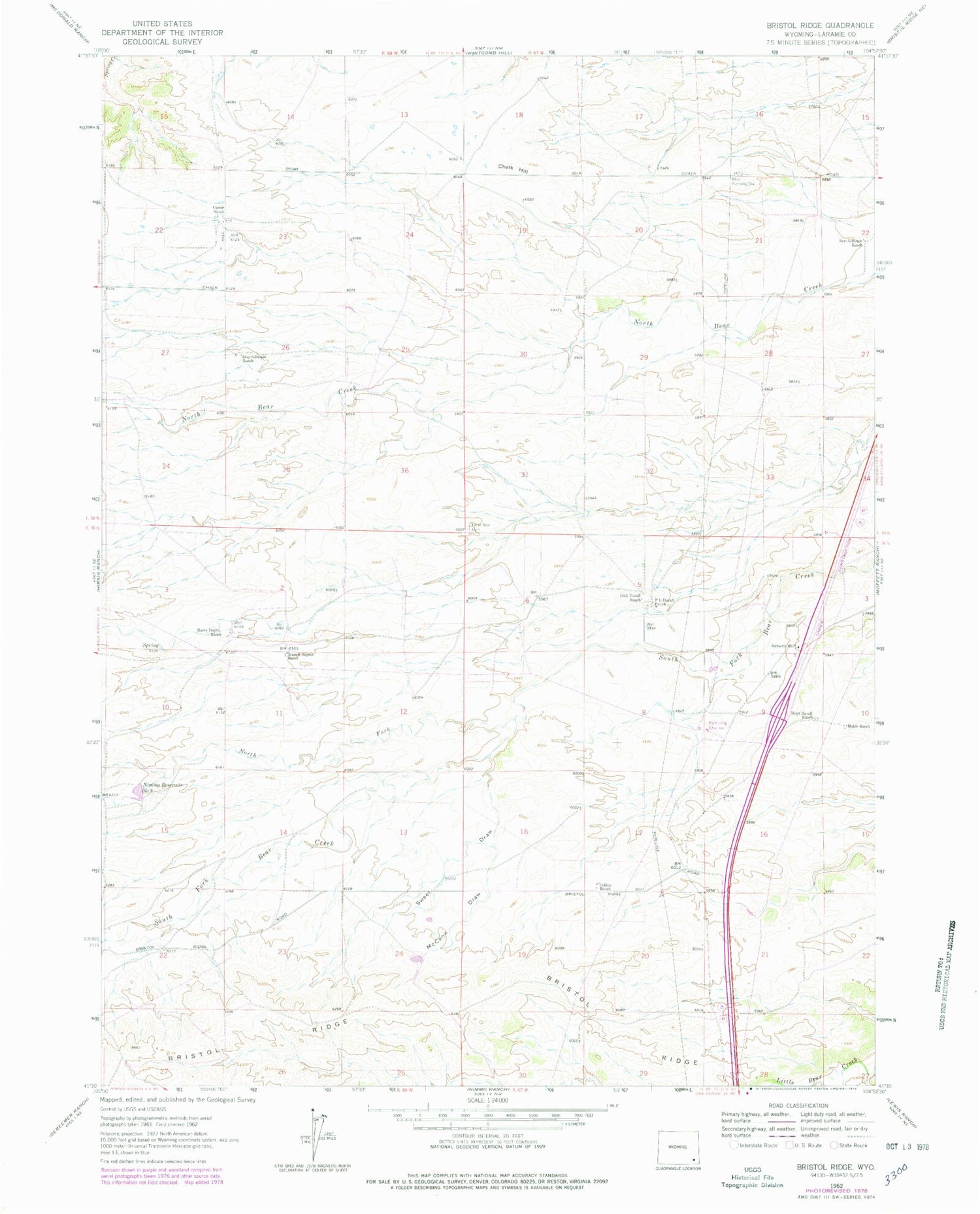 Classic USGS Bristol Ridge Wyoming 7.5'x7.5' Topo Map Image