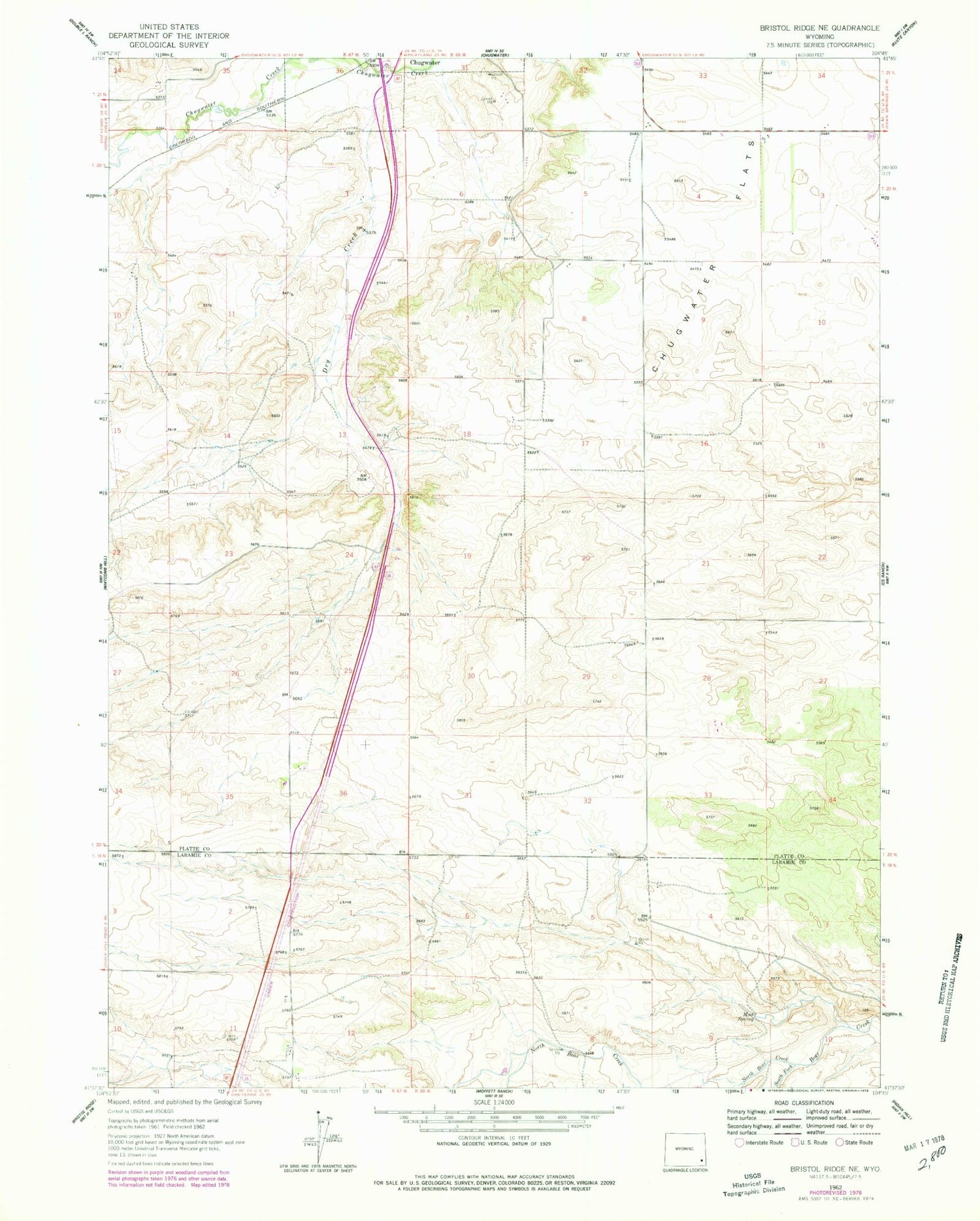 Classic USGS Bristol Ridge NE Wyoming 7.5'x7.5' Topo Map Image