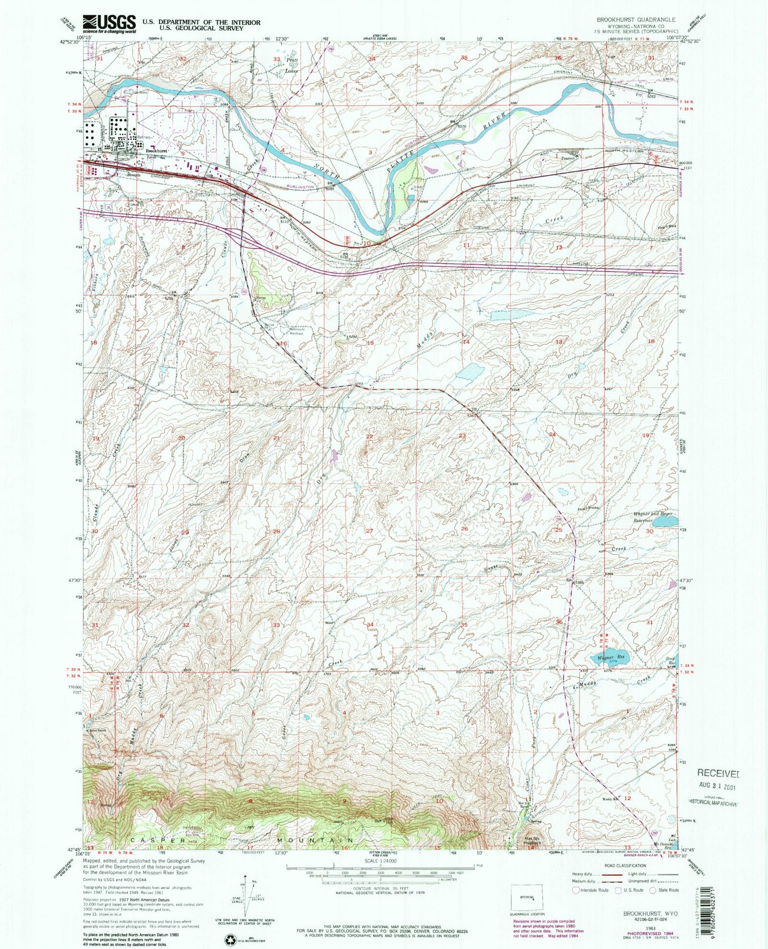 Classic USGS Brookhurst Wyoming 7.5'x7.5' Topo Map Image