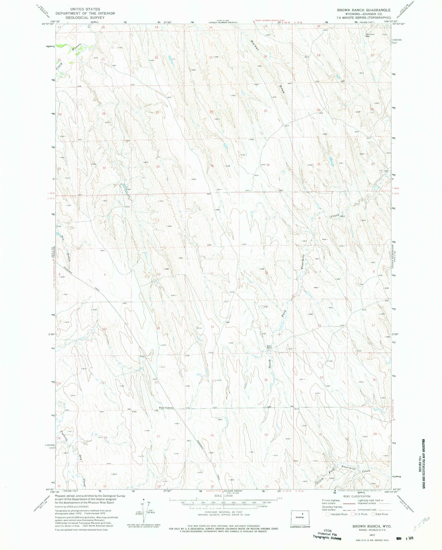 Classic USGS Brown Ranch Wyoming 7.5'x7.5' Topo Map Image