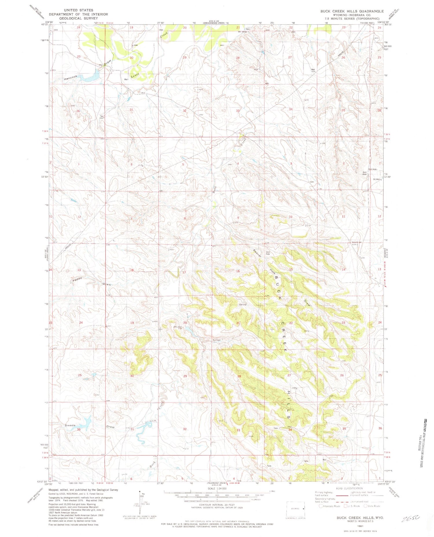 Classic USGS Buck Creek Hills Wyoming 7.5'x7.5' Topo Map Image