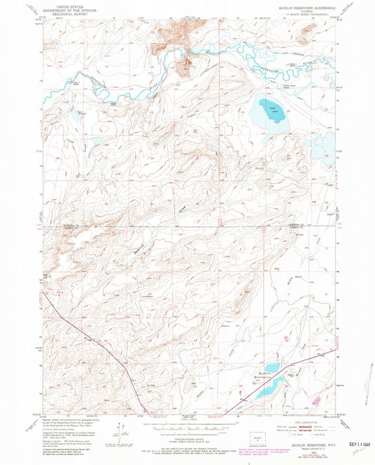 Classic USGS Bucklin Reservoirs Wyoming 7.5'x7.5' Topo Map Image