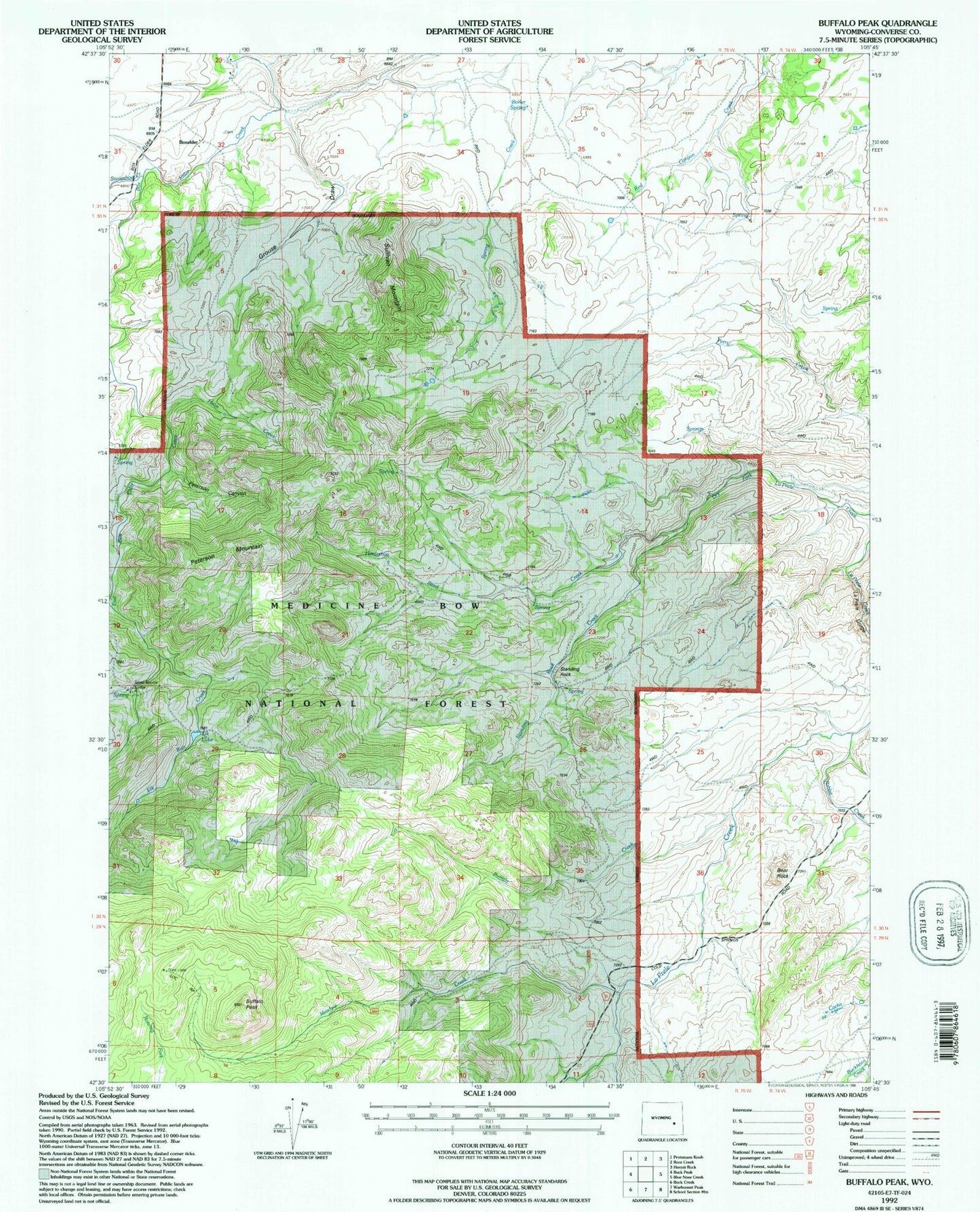 Classic USGS Buffalo Peak Wyoming 7.5'x7.5' Topo Map Image