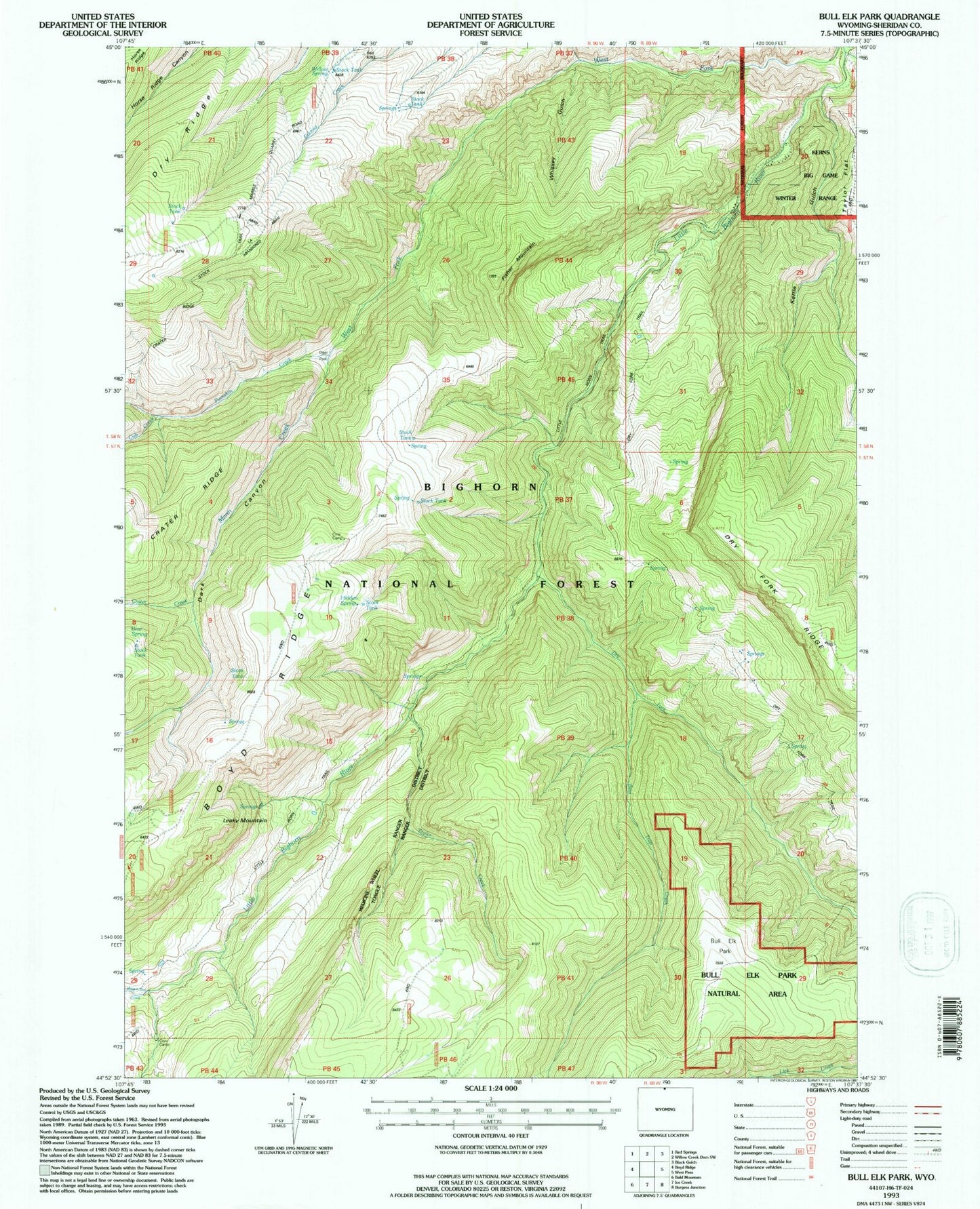 Classic USGS Bull Elk Park Wyoming 7.5'x7.5' Topo Map Image