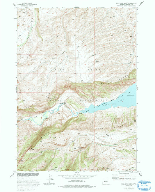 Classic USGS Bull Lake West Wyoming 7.5'x7.5' Topo Map Image