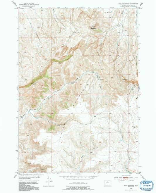 Classic USGS Bull Mountain Wyoming 7.5'x7.5' Topo Map Image