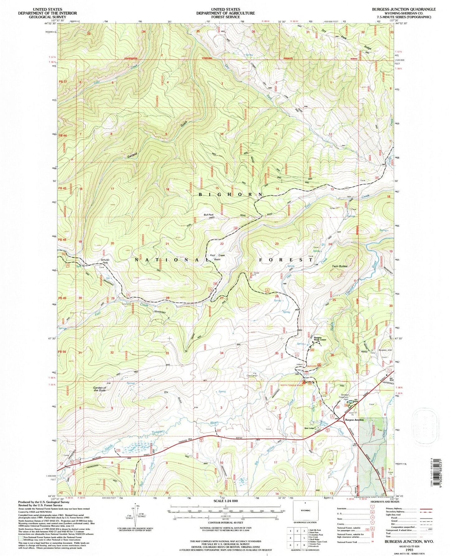 Classic USGS Burgess Junction Wyoming 7.5'x7.5' Topo Map Image