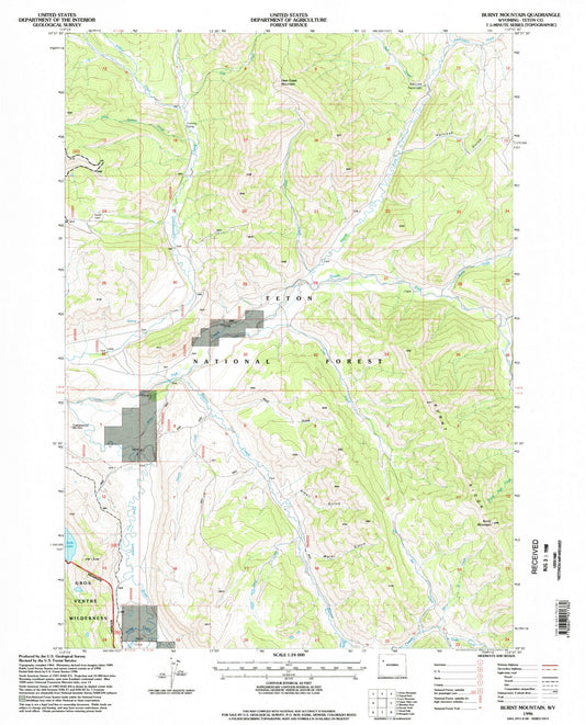 Classic USGS Burnt Mountain Wyoming 7.5'x7.5' Topo Map Image