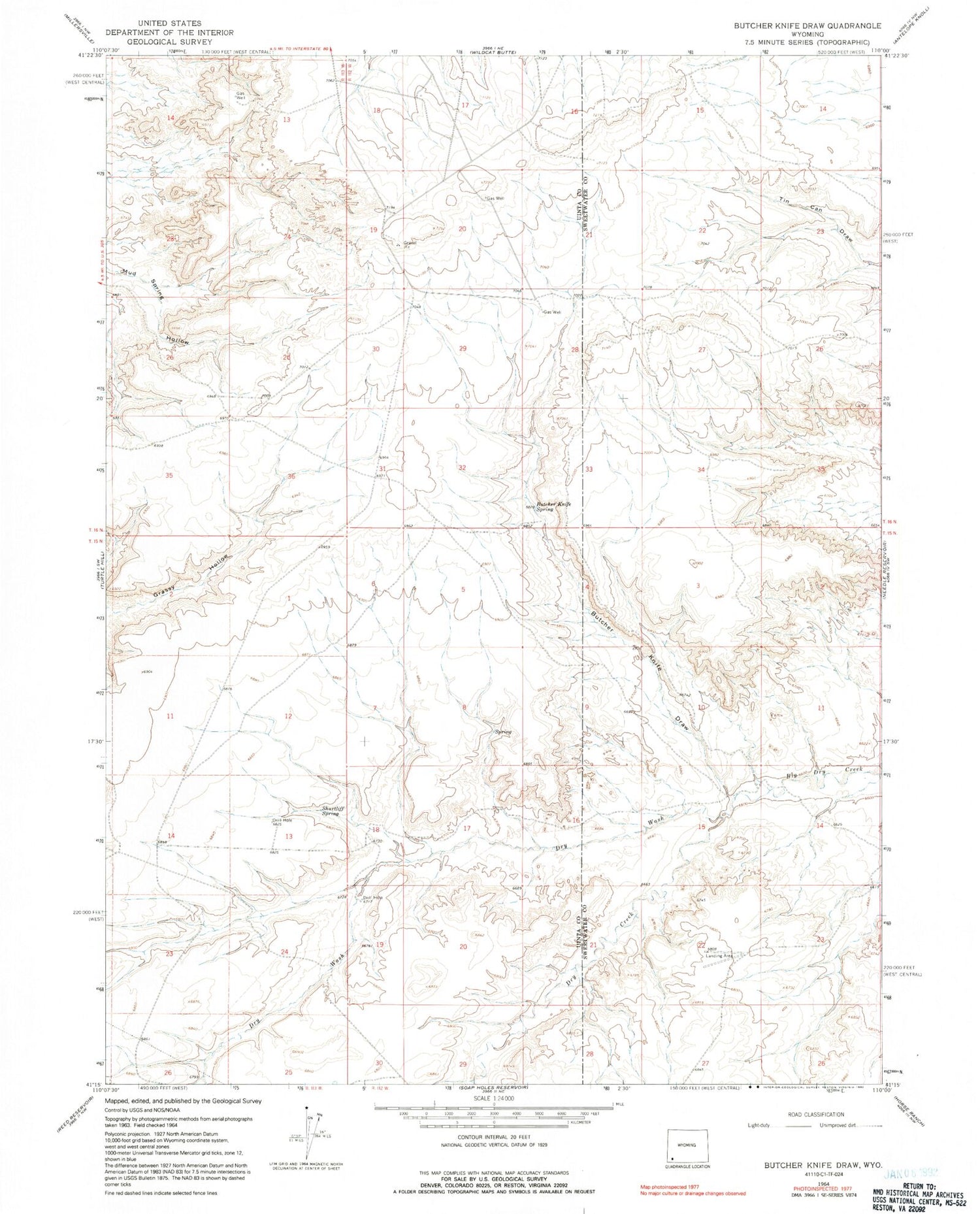 Classic USGS Butcher Knife Draw Wyoming 7.5'x7.5' Topo Map Image