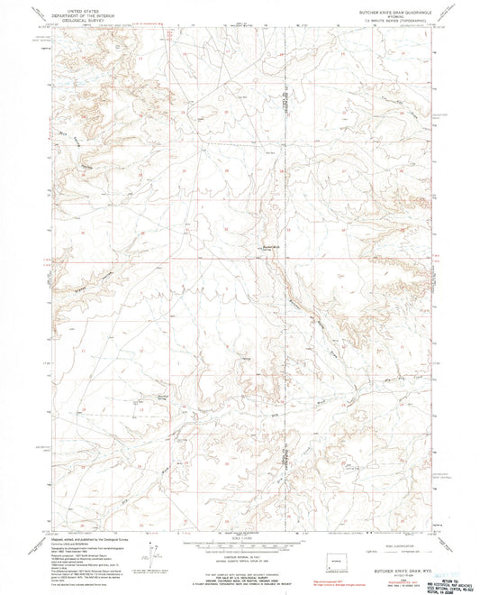 Classic USGS Butcher Knife Draw Wyoming 7.5'x7.5' Topo Map Image