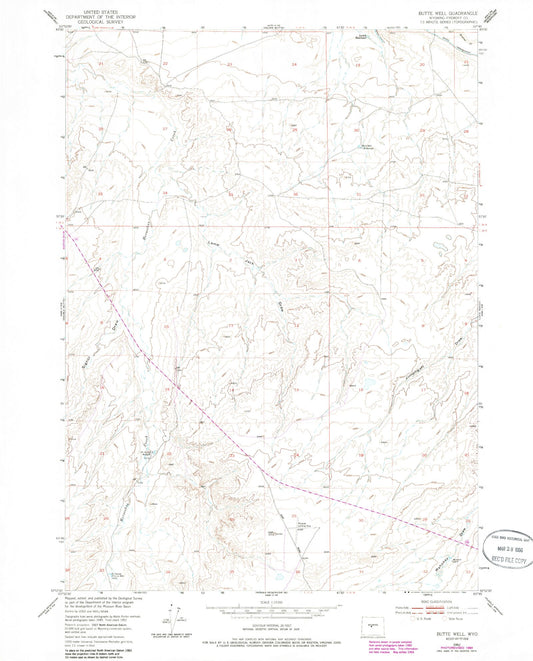 Classic USGS Butte Well Wyoming 7.5'x7.5' Topo Map Image