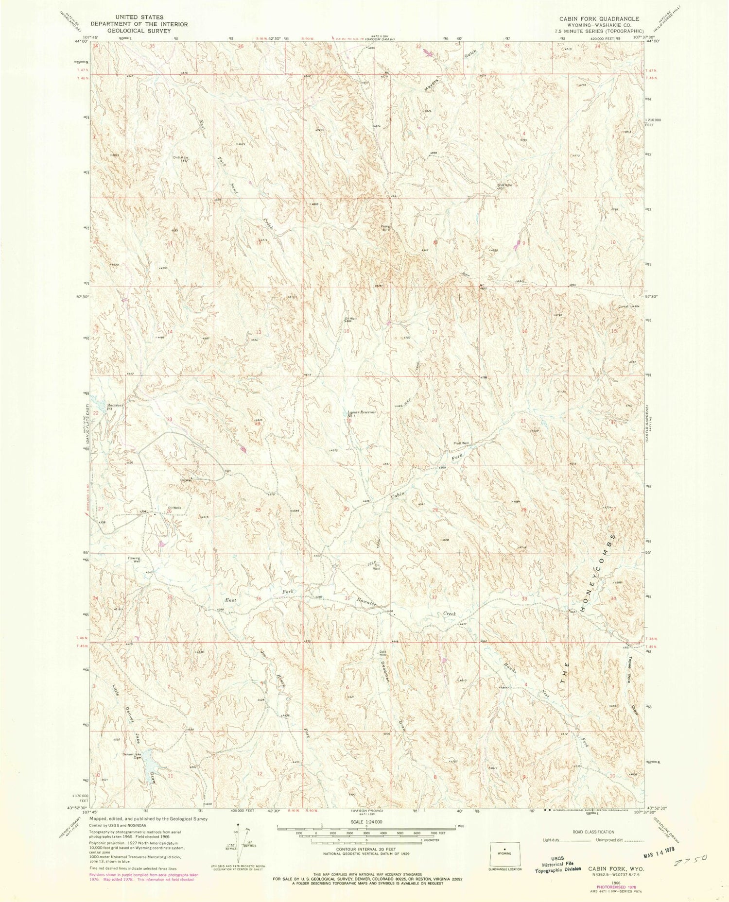 Classic USGS Cabin Fork Wyoming 7.5'x7.5' Topo Map Image