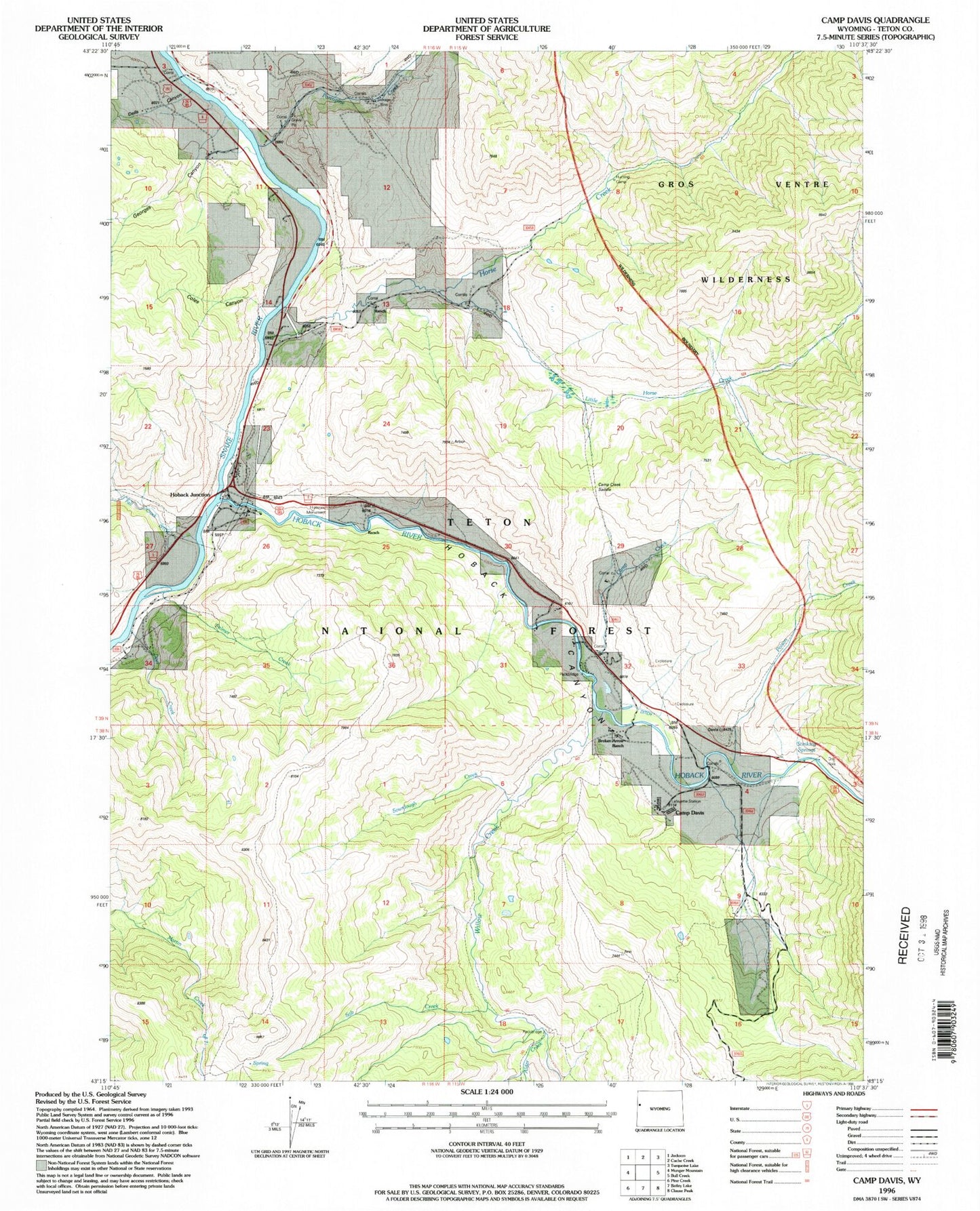 Classic USGS Camp Davis Wyoming 7.5'x7.5' Topo Map Image