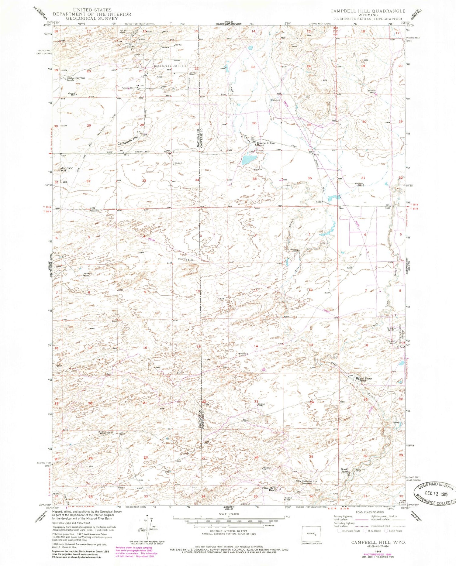 Classic USGS Campbell Hill Wyoming 7.5'x7.5' Topo Map Image